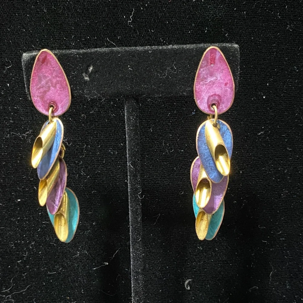 Elegant purple blue teal vintage Dangle pierced Earrings
